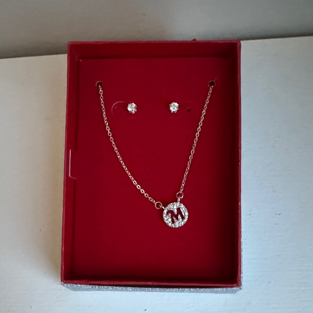 Claire's Silver Necklace with M Initial Pendant and Stud Earrings